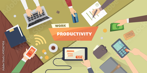 Productive office workplace. Productivity business strategy flat illustration.