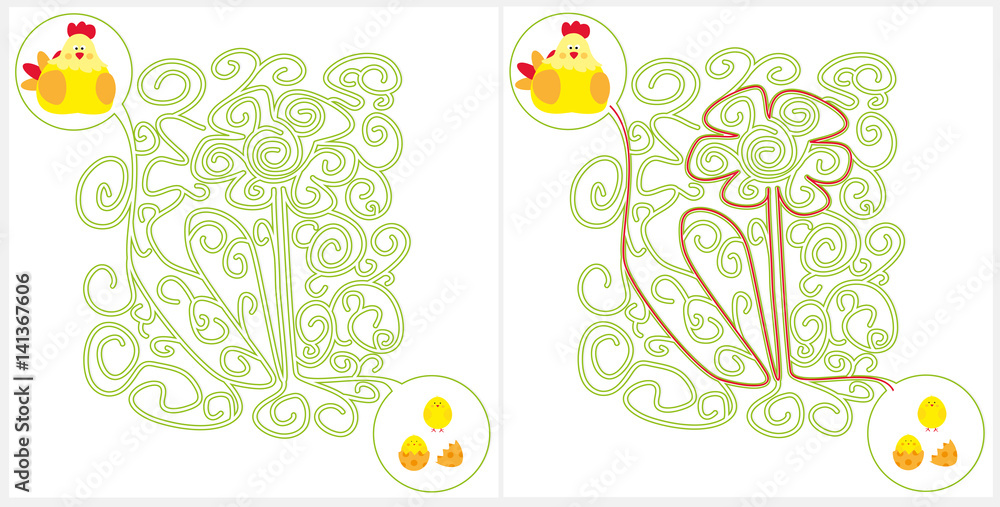 easter maze game with nice flower solution / vectors illustration for children on white background