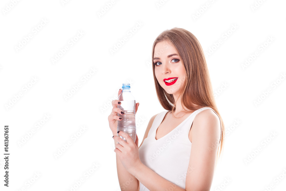 Beautiful natural model, smile, portrait, holding a bottle of water, isolate on a white background Beautiful natural model, smile, portrait, holding a bottle of water, isolate on a white background