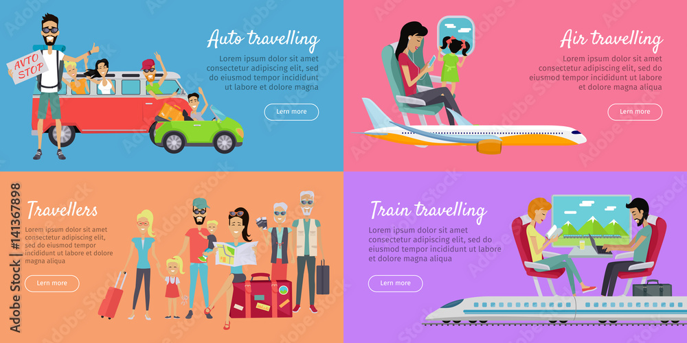 Auto, Air, Train Travelling and Travellers Banner. Auto, Air, Train Travelling and Travellers Banner.