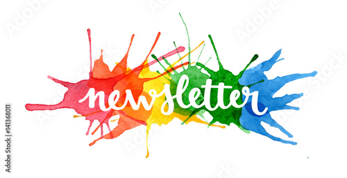 NEWSLETTER hand lettering icon on watercolour splashes background