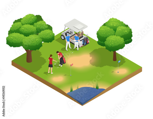 Green Golf Course Isometric Top View Composition