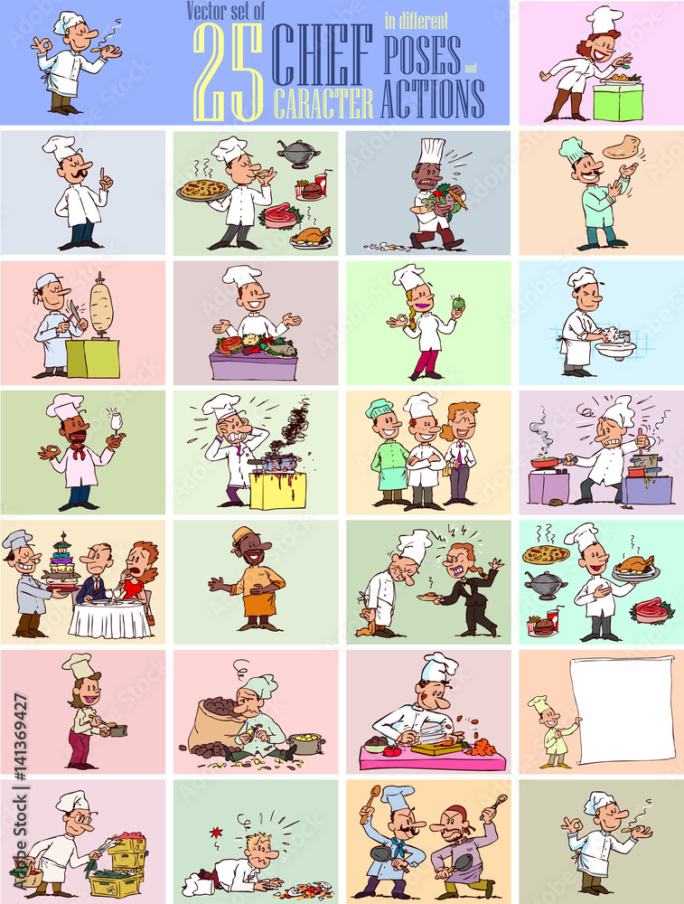 Large vector set of various chef characters in 25 poses and actions. Chef in professional attitude, angry, exposing, working, relaxed… and more! Large vector set of various chef characters in 25 poses and actions. Chef in professional attitude, angry, exposing, working, relaxed… and more!