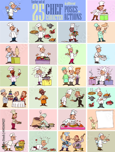 Large vector set of various chef characters in 25 poses and actions. Chef in professional attitude, angry, exposing, working, relaxed… and more!