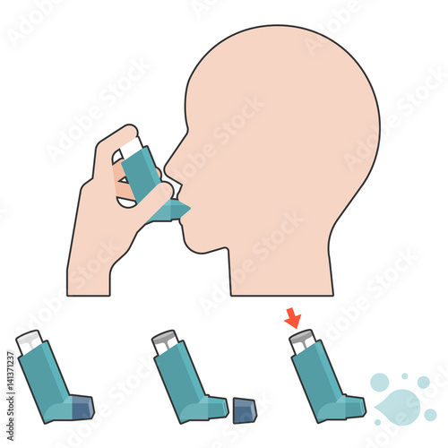 Patient use inhaler for asthma information illustration, flat design