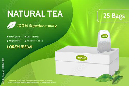 Tea advertising banner. White empty paper box with green leaves. Abstract green background. 3d mockup for your promo design. Vector eps 10