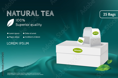Tea advertising banner. White empty paper box with green leaves. Abstract green background with silk drapery. 3d mockup for your promo design. Vector eps 10