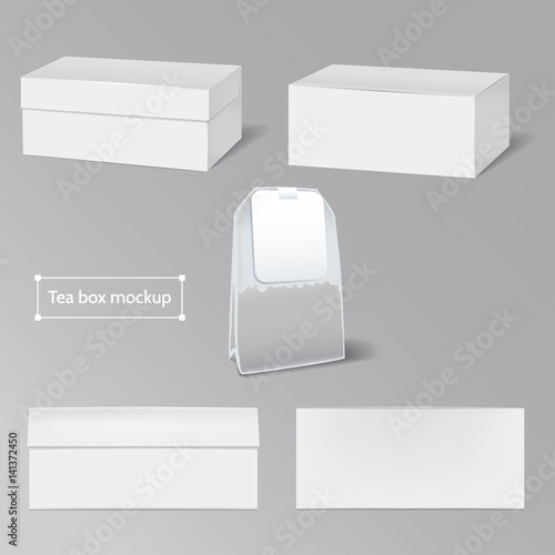 Box and tea bag. 3d realistic illustrations for your design and product presentation. Vector eps 10.