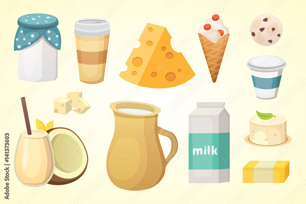 Fresh organic milk products set with cheese, butter, coffee, sour cream and ice cream. Fresh organic milk products set with cheese, butter, coffee, sour cream and ice cream.