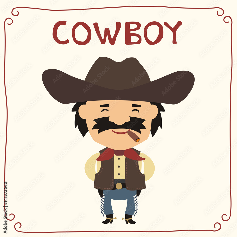Funny cowboy with cigar in cartoon style. Insulated cowboy with mustache in cowboy hat.