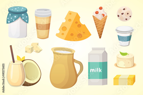 Fresh organic milk products set with cheese, butter, coffee, sour cream and ice cream.