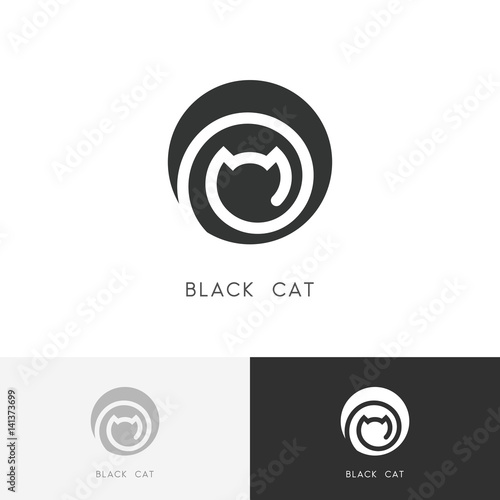 Black cat logo - kitty or kitten symbol. Colored animal and pet vector icon.