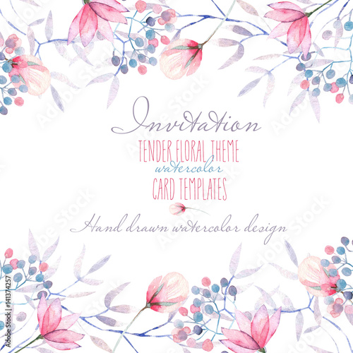 Template postcard with with watercolor tender flowers and leaves in pastel shades, hand drawn on a white background, for invitation, card decoration and other works, wedding design, greeting card