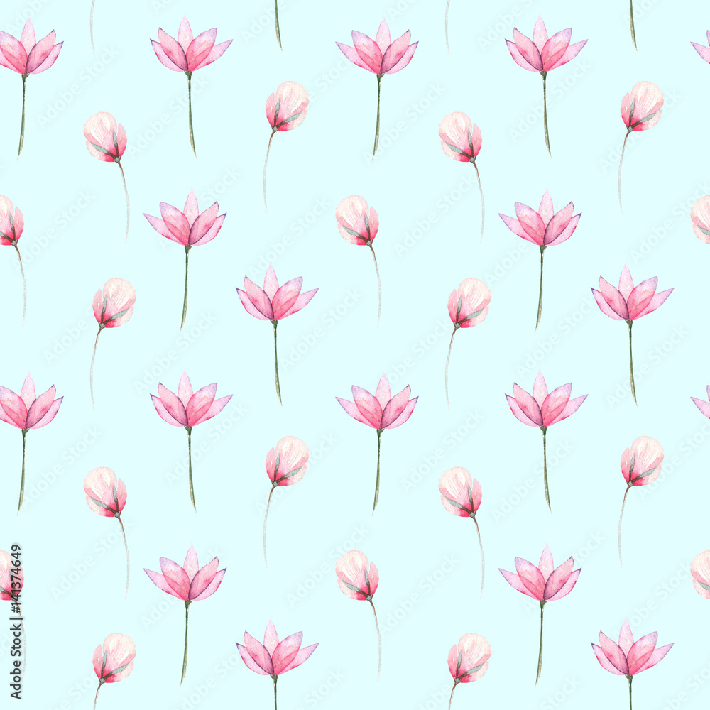 Seamless floral pattern with pink tender flowers hand drawn in watercolor on a mint background