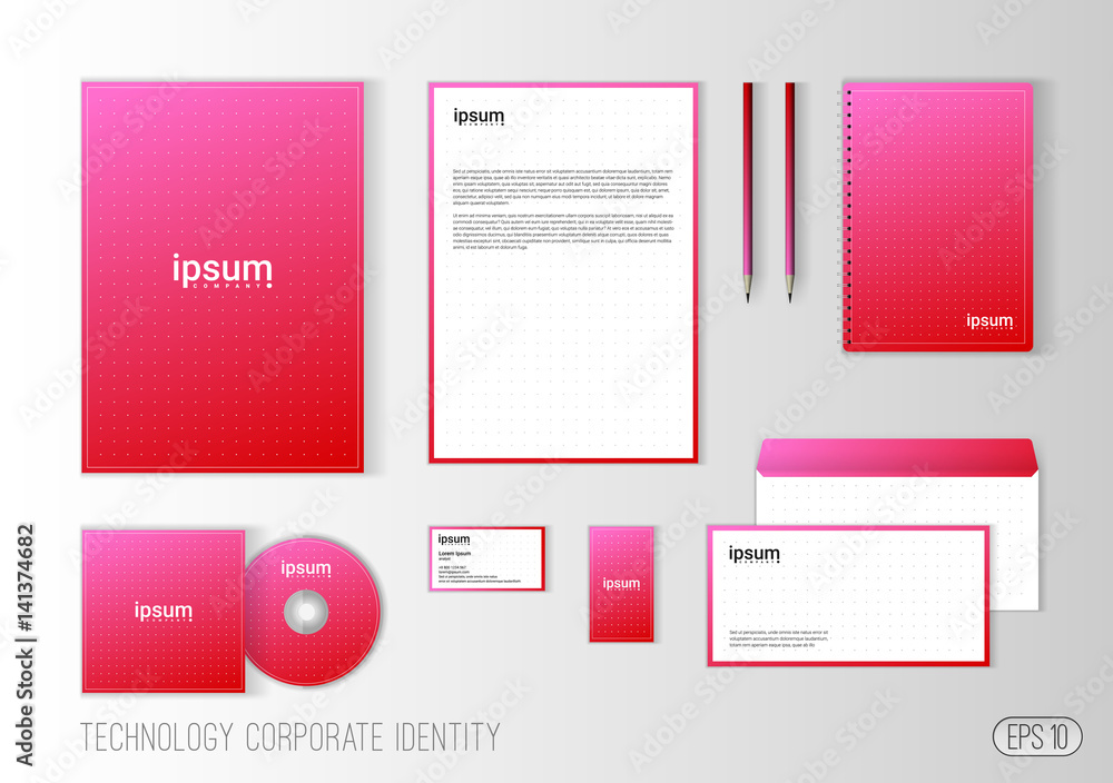 Corporate identity template for technology company, modern stationery template design for business. Brochure cover, letterhead, envelope, business card, pen, CD cover. Minimalistic brand identity.
