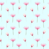 Seamless floral pattern with pink tender flowers hand drawn in watercolor on a mint background