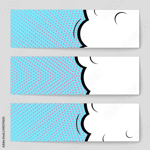 Abstract creative concept vector comic pop art style blank, layout template with clouds beams and isolated dots background. For sale banner, empty speech bubble set, illustration halftone book design.