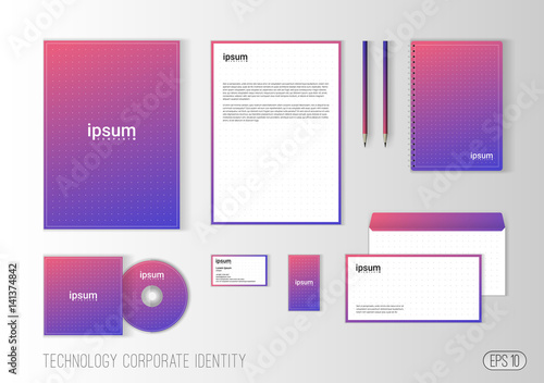 Corporate identity template for technology company, modern stationery template design for business. Brochure cover, letterhead, envelope, business card, pen, CD cover. Minimalistic brand identity.