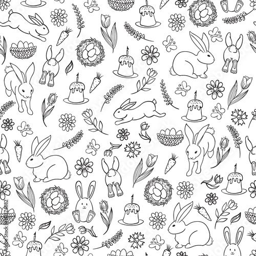 Seamless pattern of Easter hand drawn cute doodles illustration. Vector.