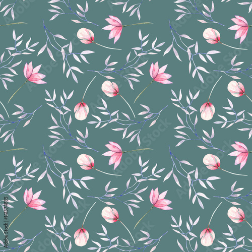 Seamless floral pattern with the watercolor pink flowers and purple branches, hand painted isolated on a dark green background