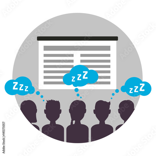 Boring business presentation with audience, simple flat vector style in circle