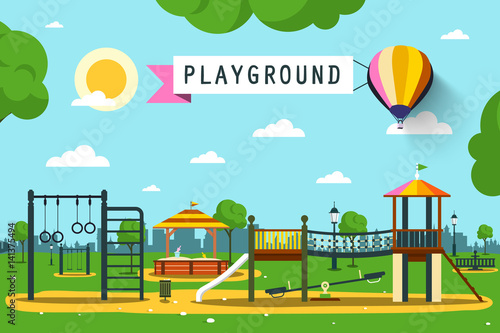Children s Playground on City Park. Vector Flat Design Cartoon.