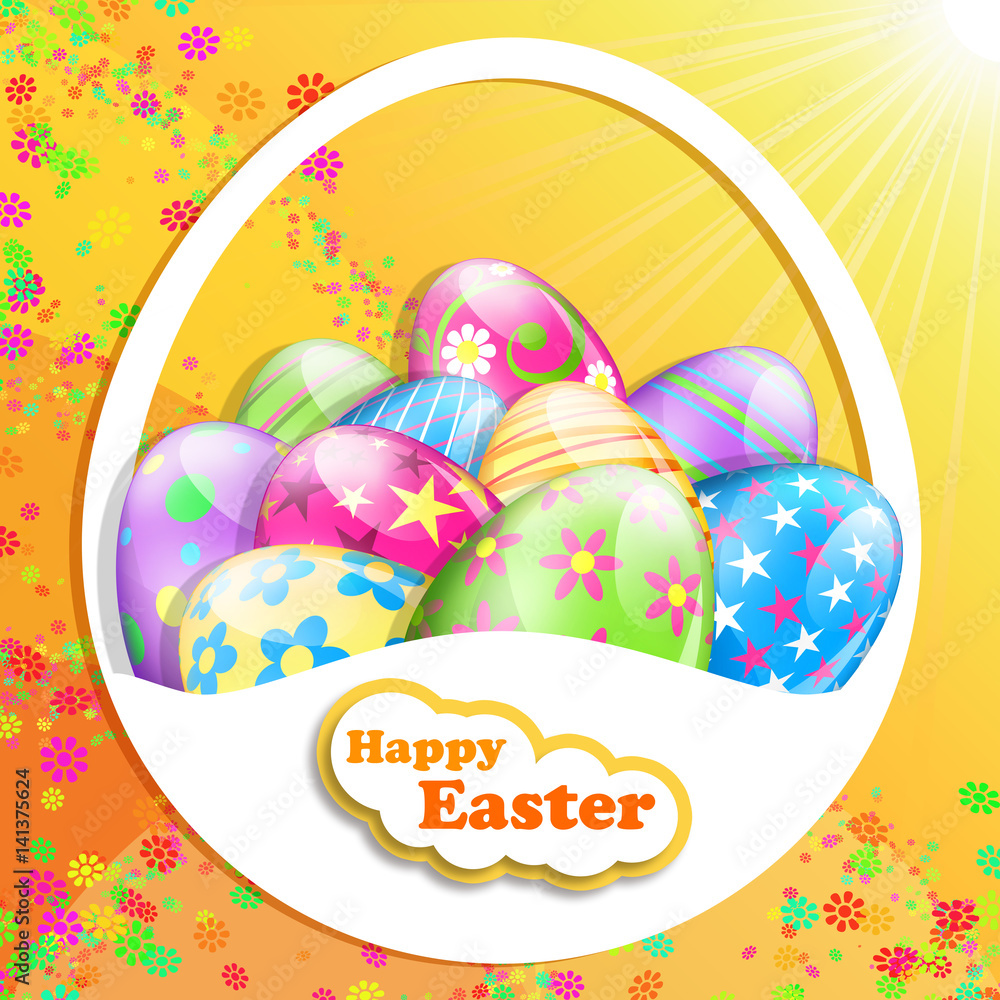 Happy Easter greeting card with a basket of chocolate eggs on a yellow floral background.