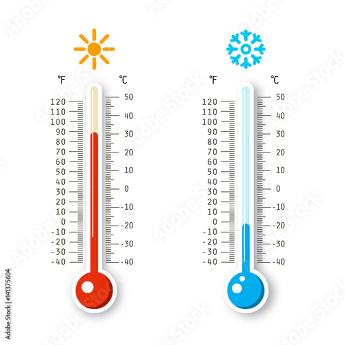 Hot and Cold Weather Icons. Vector Thermometers Isolated on White Background.