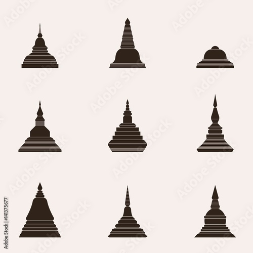 Buddhism Pagoda Architecture Thai Style Shape Set - Vector