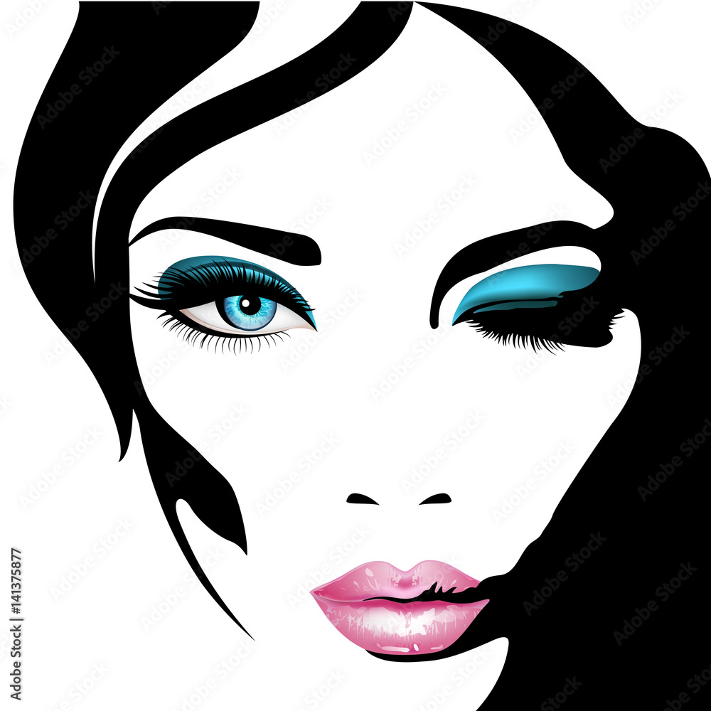 Woman's face. Vector illustration. Realistic pink lips ann blue eyes with chic eyelashes