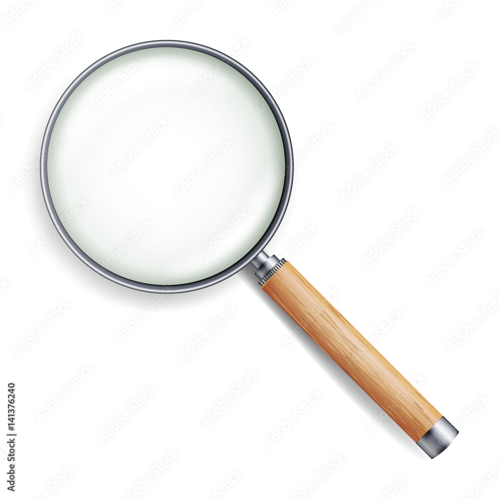 Realistic Magnifying Glass Vector. Isolated On White Background, With Gradient Mesh. Magnifying Glass Object For Zoom. Wood Handle Realistic Magnifying Glass Vector. Isolated On White Background, With Gradient Mesh. Magnifying Glass Object For Zoom. Wood Handle