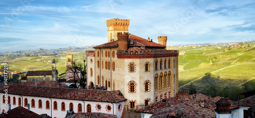 Panorama of Barolo (Piedmont, Italy) with the town, the medieval castle and the vineyards of Langhe photo