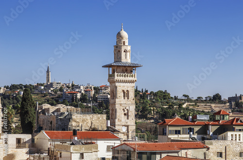 View of old Jerusalem and the minaret of the mosque al-Aqsa, Israel