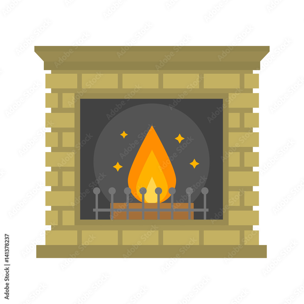 Fototapeta premium Flat style fireplace icon design house room warm christmas flame bright decoration coal furnace and comfortable warmth energy indoors vector illustration.