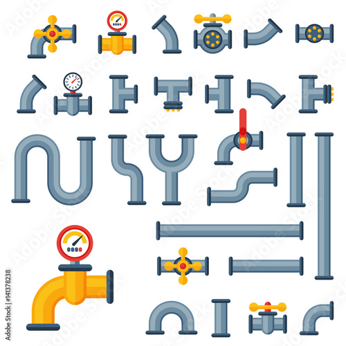 Details pipes different types collection of water tube industry gas valve construction and oil industrial pressure technology plumbing vector illustration.