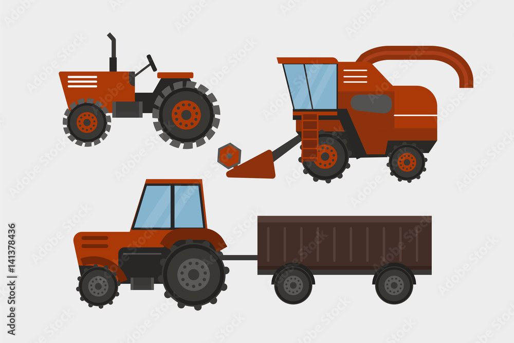 Agriculture industrial farm equipment machinery tractor combine and excavator rural machinery corn car harvesting wheel vector illustration.