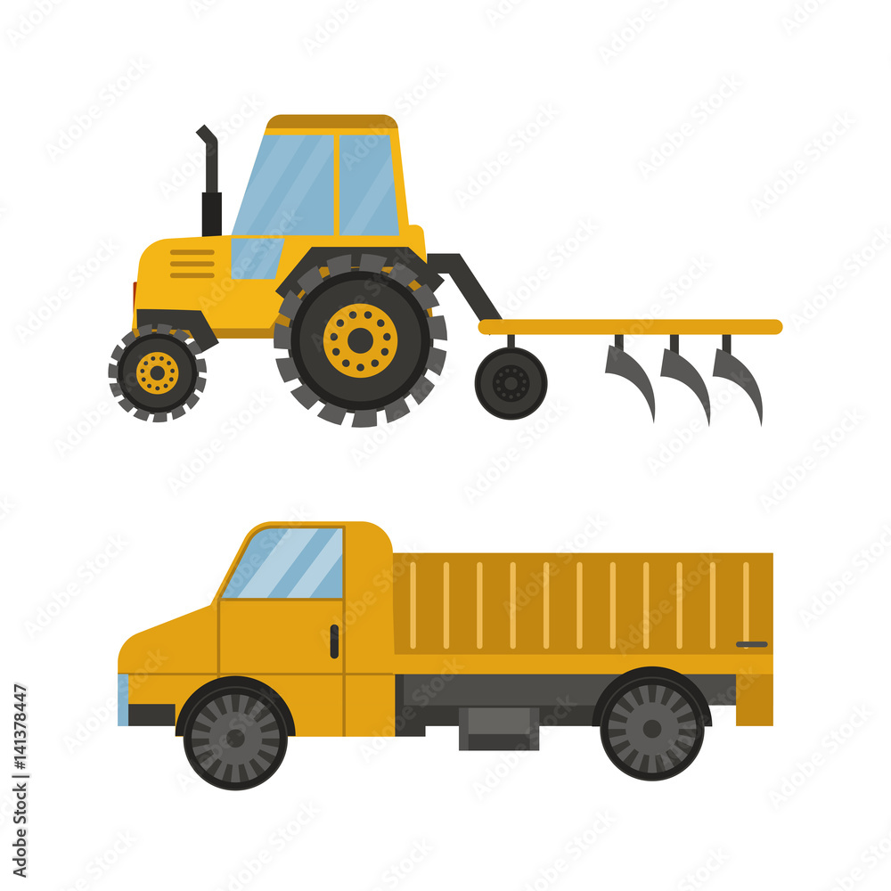 Agriculture industrial farm equipment machinery tractor combine and excavator rural machinery corn car harvesting wheel vector illustration. Agriculture industrial farm equipment machinery tractor combine and excavator rural machinery corn car harvesting wheel vector illustration.