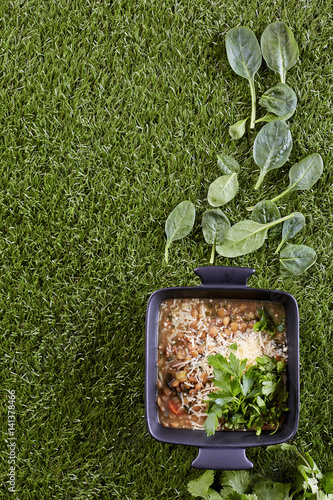 stewed sprouted lentil on artificial turf photo