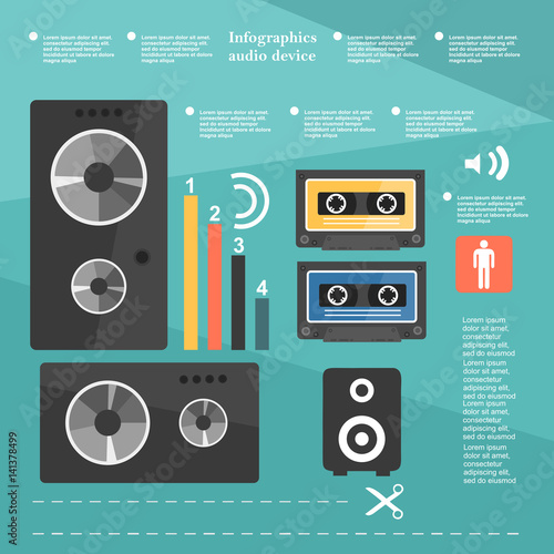 Retro infographic audio device, music cassette, music speakers, the elements in a flat design