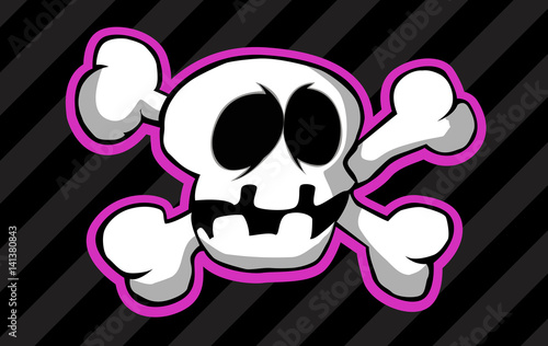 A cartoon skull with crossed bones on a striped background.