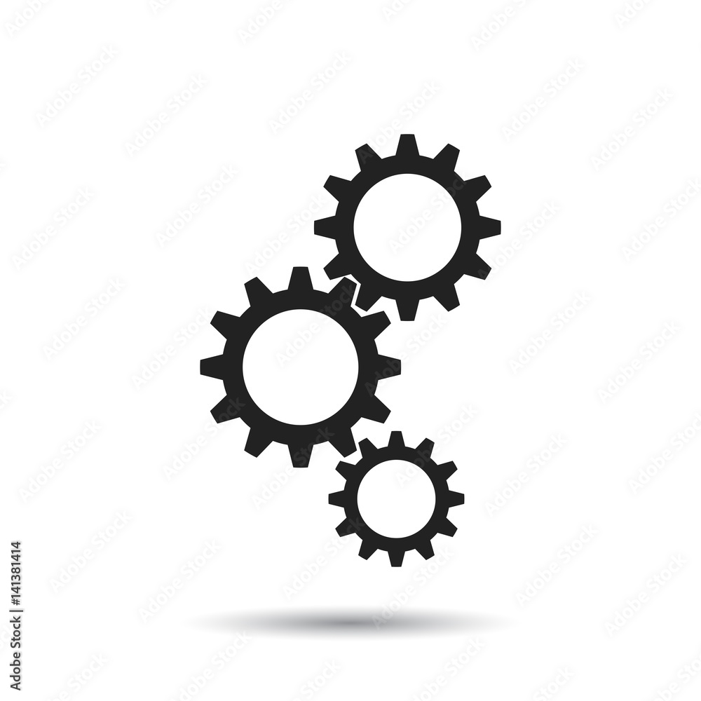 Gear icon. Flat vector illustration. Business sign symbol with shadow on white background. Gear icon. Flat vector illustration. Business sign symbol with shadow on white background.