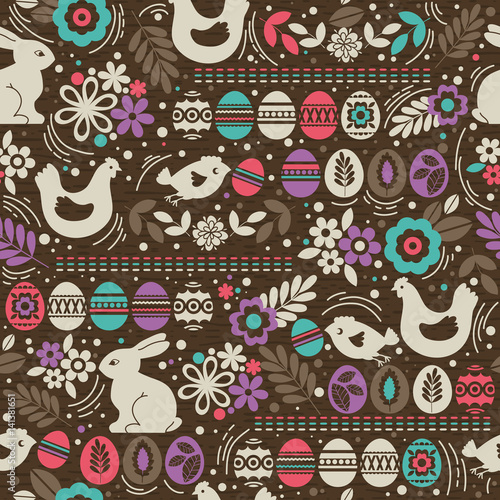 Seamless brown pattern with color easter eggs, rabbit, flowers and hen.Ideal for printing onto fabric and paper or scrap booking, vector illustration