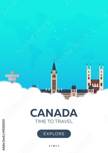 Canada. Time to travel. Travel poster. Vector flat illustration.