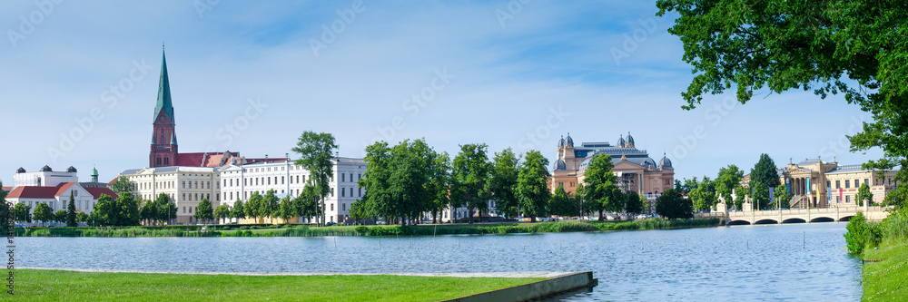 Schwerin with St. Mary's Church, theater, and Museum in the summer as a panorama
