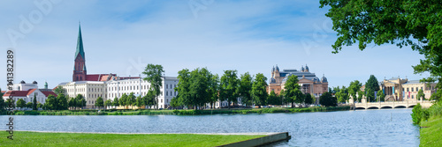 Obraz na płótnie Schwerin with St. Mary's Church, theater, and Museum in the summer as a panorama w salonie