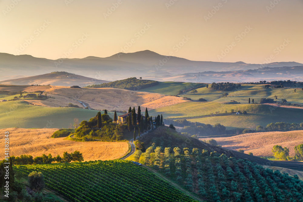 Scenic Tuscany landscape at sunrise, Val d'Orcia, Italy