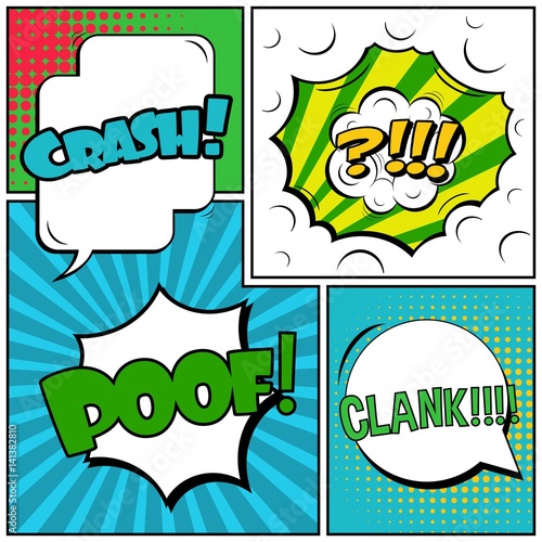 Abstract creative concept vector comic pop art style blank, layout template with clouds beams and isolated dots background. For sale banner, empty speech bubble set, illustration halftone book design.