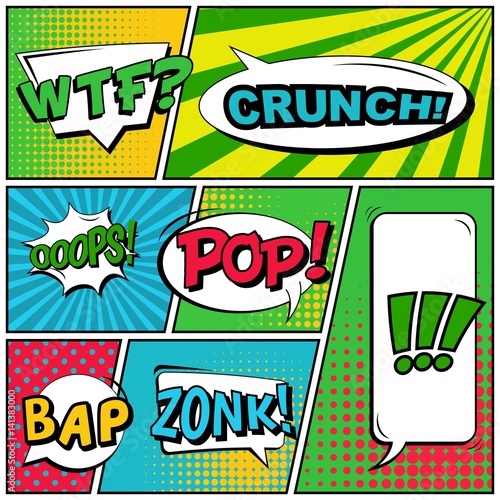 Abstract creative concept vector comic pop art style blank, layout template with clouds beams and isolated dots background. For sale banner, empty speech bubble set, illustration halftone book design.