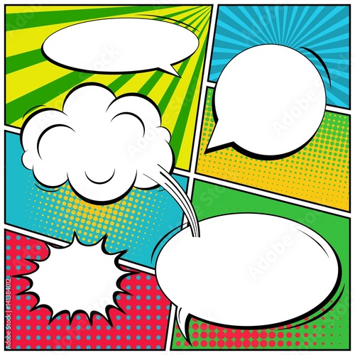 Abstract creative concept vector comic pop art style blank, layout template with clouds beams and isolated dots background. For sale banner, empty speech bubble set, illustration halftone book design.