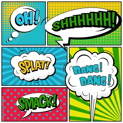 Abstract creative concept vector comic pop art style blank, layout template with clouds beams and isolated dots background. For sale banner, empty speech bubble set, illustration halftone book design.